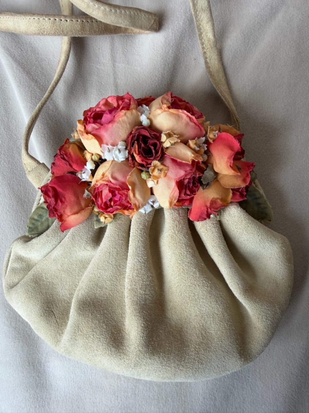 MARTINEZ VALERO Vintage Suede Purse Burnt Orange Red Floral Appliqué Cross 90’s